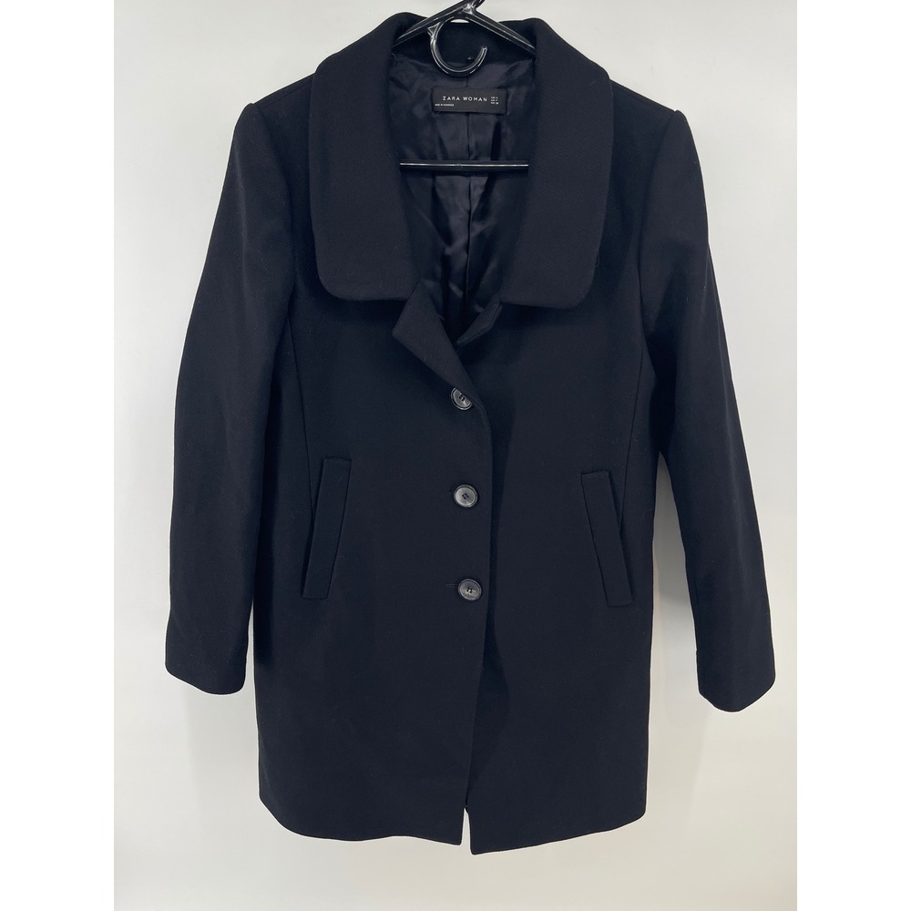 Zara Wool Blend Pea Coat Women Medium Black 3-Button Mid-Length Overcoat Cozy